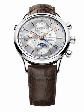 Maurice Lacroix Les Classiques Phase de Lune Chronograph Silver Dial Brown Crocodile Leather Men's Automatic Watch LC6078-SS001-131