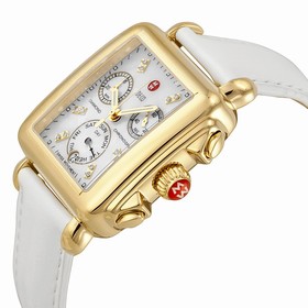 Michele Signature Deco White Mother of Pearl Dial Gold-tone White Leather Ladies Watch MWW06P000032