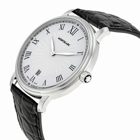 Montblanc Tradition Date White Guilloche Dial Black Leather Men's Watch 112633