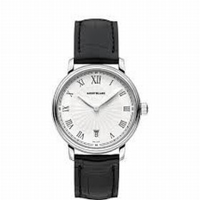 Montblanc Tradition Date White Guilloche Dial Black Leather Men's Watch