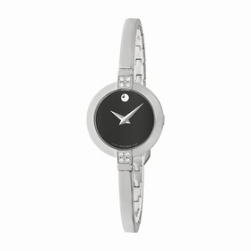 Movado Bela Black Dial Stainless Steel Bangle Bracelet Ladies Watch 0606628