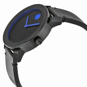 Movado Bold Black Dial Black Leather Band Black Ion-Plated Stainless Steel Case Unisex Quartz Watch 3600307