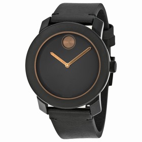 Movado Bold Black Dial Black Leather Band Black Stainless Steel Case Men's Quartz Watch 3600297