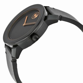 Movado Bold Black Dial Black Leather Band Black Stainless Steel Case Men's Quartz Watch 3600297