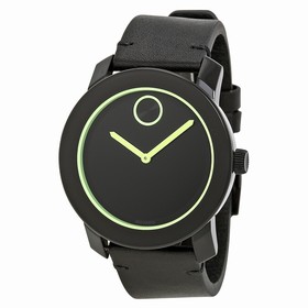 Movado Bold Black Dial Green-tone Hands Black Leather Strap Men's Quartz Watch 3600273