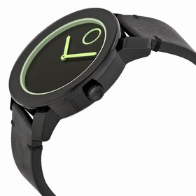 Movado Bold Black Dial Green-tone Hands Black Leather Strap Men's Quartz Watch 3600273