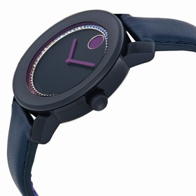 Movado Bold Blue Crystal-set Dial Navy Leather Ladies Watch 3600228