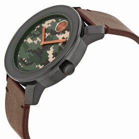 Movado Bold Camouflage-Print Dial Brown Leather Strap Black Stainless Steel Men's Quartz Watch 3600302