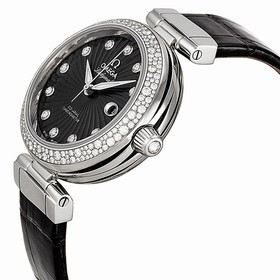 Omega DeVille Ladymatic Black Diamond Dial Stainless Steel Black Leather Ladies Watch 425.38.34.20.51.001