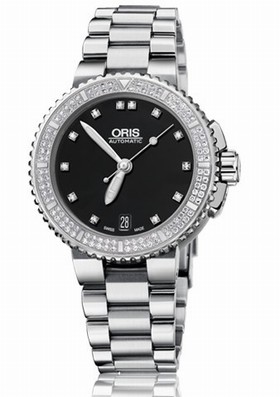 Oris Aquis Date Diamond Black Dial Stainless Steel Ladies Watch 01 733 7652 4994-07 8 18 01P