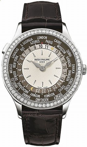Patek Philippe Brown and Ivory Dial 18kt White Gold Diamond Brown Leather Ladies Watch 7130G-001
