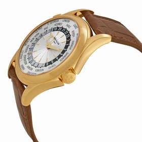 Patek Philippe World Time Silver Dial 18kt Yellow Gold Brown Leather Men's Watch 5130J