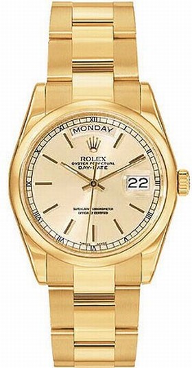Rolex Day Date Champagne Index Dial Oyster Bracelet 18k Yellow Gold Men's Watch 118208CSO