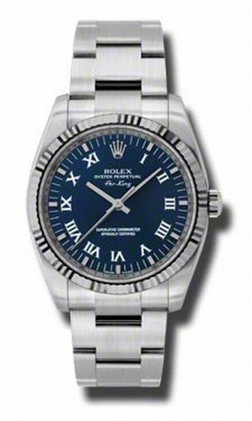 Rolex Airking Blue Roman Dial Fluted 18k White Gold Bezel Oyster Bracelet Men's Watch 114234BLRO