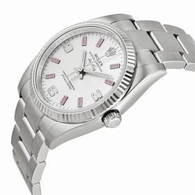 Rolex Airking Silver Arabic Pink Stick Dial Fluted 18kt White Gold Bezel Oyster Bracelet Men's Watch 114234SAPSO