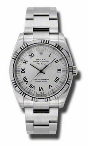 Rolex Airking Silver Roman Dial Fluted 18k Whote Gold Bezel Oyster Bracelet Men's Watch 114234SRO
