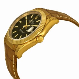 Rolex Datejust Black Dial 18kt Yellow Gold Brown Leather Strap Men's Watch 116138BKSL