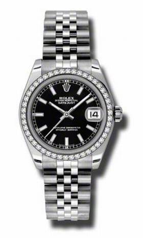 Rolex Datejust Black Dial Automatic Stainless Steel Jubilee Ladies Watch 178384BKSJ