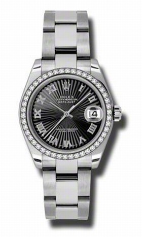 Rolex Datejust Black Sunburst Roman Dial 18kt White Gold Diamond Bezel Ladies Watch 178384BKSBRO