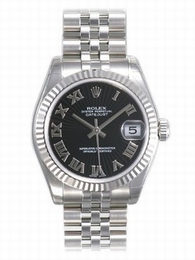 Rolex Datejust Black Sunburst Roman Dial Jubilee Bracelet 18k White Gold Fluted Bezel Unisex Watch 178274BKSBRJ