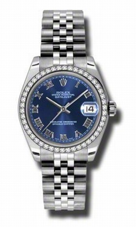 Rolex Datejust Blue Roman Dial 18kt White Gold Diamond Bezel Ladies Watch 178384BLRJ