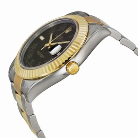 Rolex Datejust II Black Roman Dial 18k Yellow Gold Fluted Bezel Two Tone Oyster Bracelet Men's Watch 116333BKRO