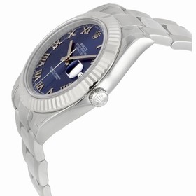 Rolex Datejust II Blue Roman Dial Fluted 18k White Gold Bezel Oyster Bracelet Men's Watch 116334BLRO