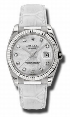 Rolex Datejust Mother of Pearl Diamond Dial 18kt White Gold White Leather Strap Men's Watch 116139MDL