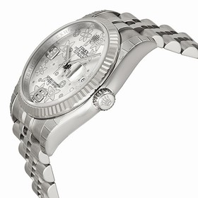 Rolex Datejust Silver Floral Dial White Gold Bezel Stainless Steel Ladies Watch 116234SAFJ