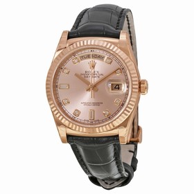 Rolex Day-Date President Automatic Pink Champagne Diamond Dial Black Leather Unisex Watch 118135PKDL