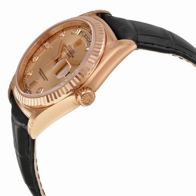 Rolex Day-Date President Automatic Pink Champagne Diamond Dial Black Leather Unisex Watch 118135PKDL