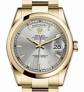 Rolex Day-Date Silver Dial 18 Carat Yellow Gold Automatic Men's Watch 118208SSO
