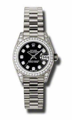 Rolex Lady Datejust Black Diamond Dial 18k White Gold Diamond Bezel and Case President Bracelet Watch 179159BKDP