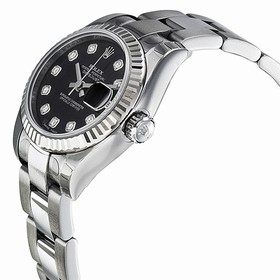 Rolex Datejust Black Diamond Dial Oyster Bracelet 18kt White Gold Bezel Ladies Watch 179174BKDO