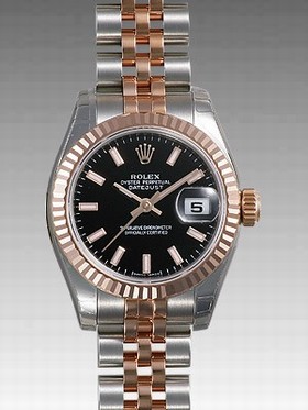 Rolex Datejust Black Index Dial 18k Rose Gold Fluted Bezel Two Tone Ladies Watch 179171BKSJ
