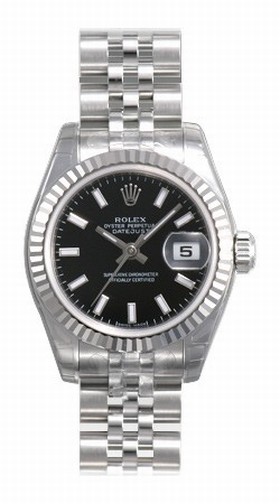 Rolex Datejust Black Index Dial Jubilee Bracelet 18k White Gold Fluted Bezel Ladies Watch 179174BKSJ