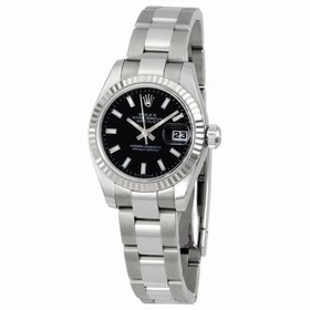 Rolex Datejust Black Index Dial Oyster Bracelet 18k White Gold Fluted Bezel Ladies Watch 179174BKSO