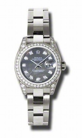 Rolex Lady Datejust Black Mother of Pearl Diamond Dial 18k White Gold Diamond Case and Bezel Oyster Bracelet Watch 179159BKMDO