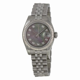 Rolex Lady Datejust Black Mother of Pearl Diamond Dial Fluted 18k White Gold Bezel Steel Jubilee Bracelet Watch 179174BMDJ