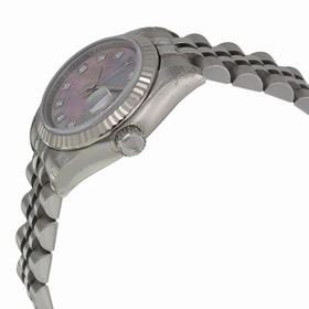 Rolex Lady Datejust Black Mother of Pearl Diamond Dial Fluted 18k White Gold Bezel Steel Jubilee Bracelet Watch 179174BMDJ