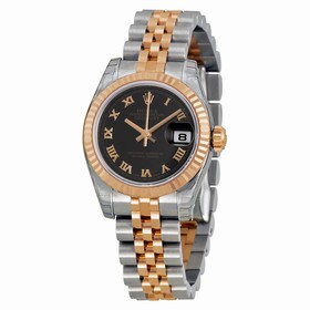Rolex Datejust Black Roman Dial 18k Rose Gold Fluted Bezel Two Tone Ladies Watch 179171BKRJ