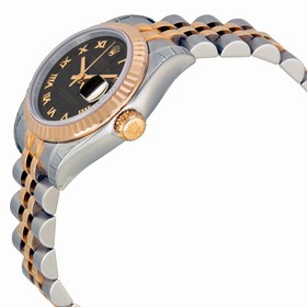Rolex Datejust Black Roman Dial 18k Rose Gold Fluted Bezel Two Tone Ladies Watch 179171BKRJ
