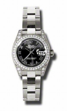 Rolex Lady Datejust Black Roman Dial 18k White Gold Diamond Case and Bezel Oyster Bracelet Watch 179159BKRO