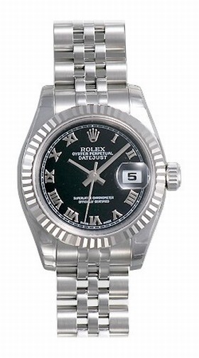 Rolex Datejust Black Roman Dial Jubilee Bracelet 18k White Gold Fluted Bezel Ladies Watch 179174BKRJ