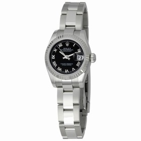 Rolex Datejust Black Roman Dial Oyster Bracelet 18k White Gold Fluted Bezel Ladies Watch 179174BKRO