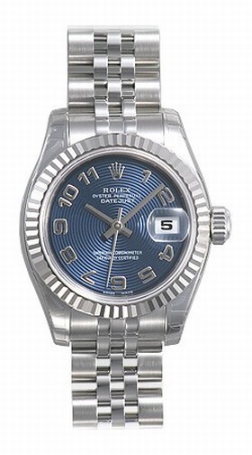 Rolex Datejust Blue Arabic Dial Jubilee Bracelet 18k White Gold Fluted Bezel Ladies Watch 179174BLAJ