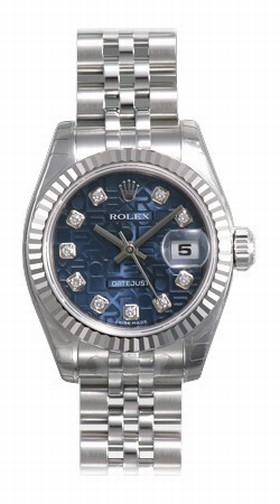 Rolex Lady Datejust Blue Jubilee Diamond Dial 18k White Gold Fluted Bezel Steel Jubilee Bracelet Watch 179174BLJDJ