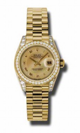 Rolex Lady Datejust Champagne Decorated Mother of Pearl Roman Dial Diamond Case and Bezel 18k Yellow Gold President Bracelet Watch 179158CMRP