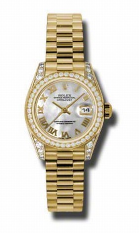 Rolex Lady Datejust Mother of Pearl Roman Dial Diamond Case and Bezel 18k Yellow Gold President Bracelet Watch 179158MRP