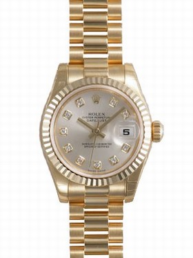 Rolex Lady Datejust Silver Diamond Dial 18k Yellow Gold Case and Bezel President Bracelet Watch 179178SDP